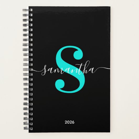 Zwart Wit en Helder Turkoois Modern Monogram Planner (Voorkant)