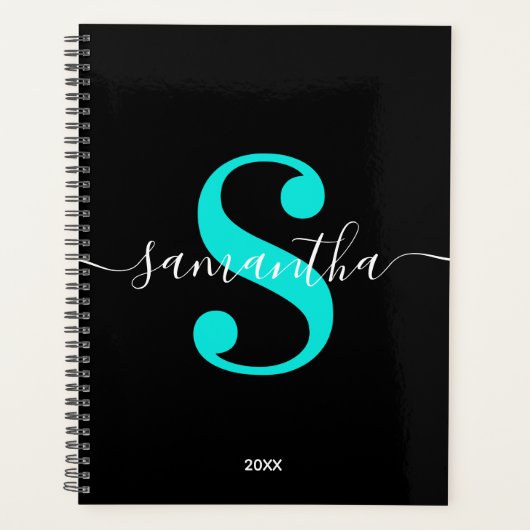 Zwart Wit en Helder Turkoois Modern Monogram Planner (Voorkant)