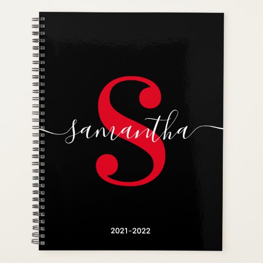Zwart Wit en Helderrood Moderne Stijl Monogram Planner (Voorkant)