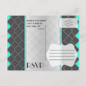 Zwart, wit en neon Blauwgroen modern elegant patro Uitnodiging Briefkaart (Achterkant)