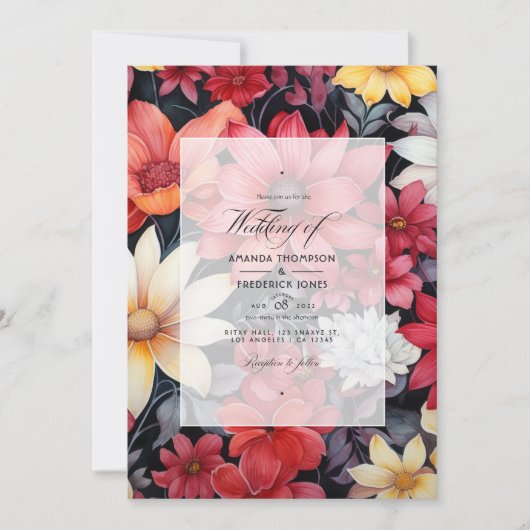 Zwart, wit en rood bloemenbruiloft kaart (Voorkant)