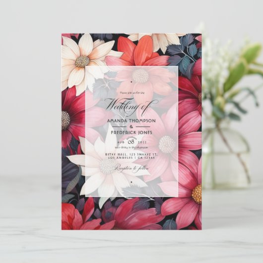 Zwart, wit en rood bloemenbruiloft kaart (Staand voorkant)