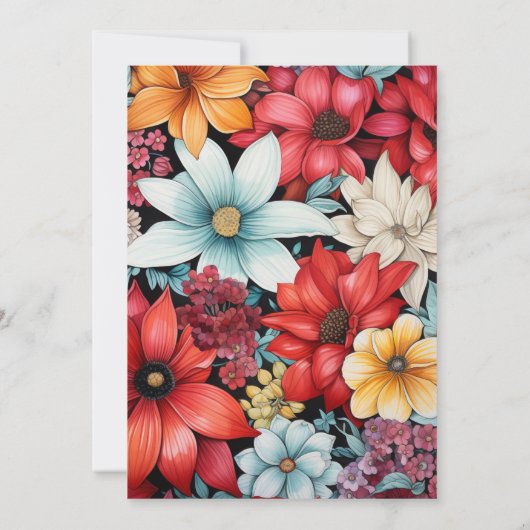 Zwart, wit en rood bloemenbruiloft kaart (Achterkant)