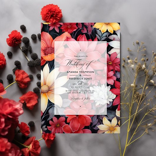 Zwart, wit en rood bloemend huwelijksfeest kaart