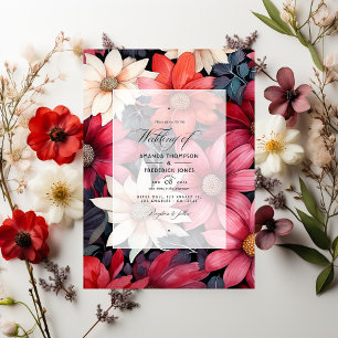 Zwart, wit en rood bloemend huwelijksfeest kaart
