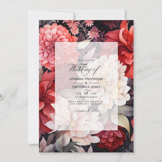 Zwart, wit en rood bloemenherfstbruiloft kaart (Voorkant)