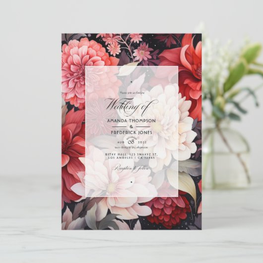 Zwart, wit en rood bloemenherfstbruiloft kaart (Staand voorkant)