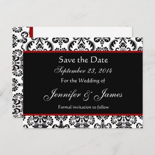 Zwart Wit en Rood Damask Save Date Briefkaart (Voorkant / Achterkant)
