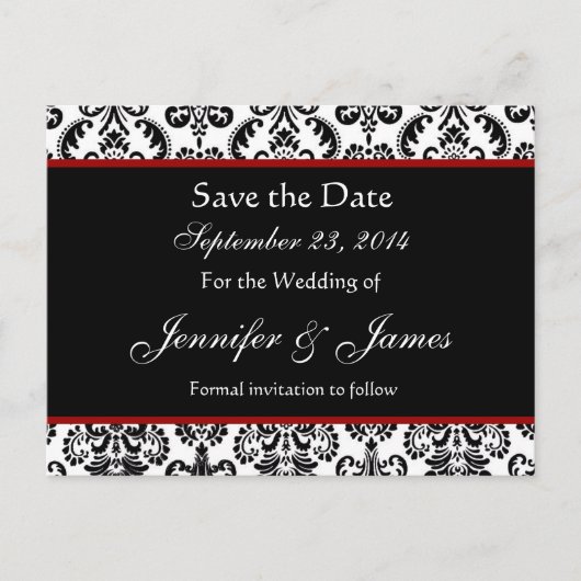 Zwart Wit en Rood Damask Save Date Briefkaart (Voorkant)