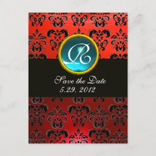 ZWART WIT EN ROOD DAMAST BLAUWE EDELSTEEN Monogram Aankondigingskaart