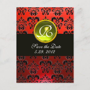 ZWART WIT EN ROOD DAMAST GELE TOPAZE Monogram Aankondigingskaart