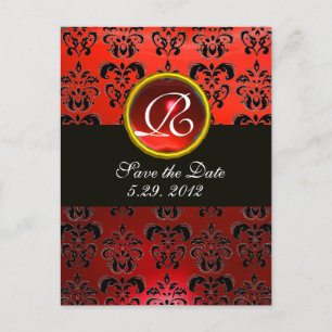 ZWART WIT EN ROOD DAMAST ROOD ROBIJN Monogram Aankondigingskaart