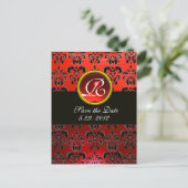 ZWART WIT EN ROOD DAMAST ROOD ROBIJN Monogram Aankondigingskaart (Staand voorkant)