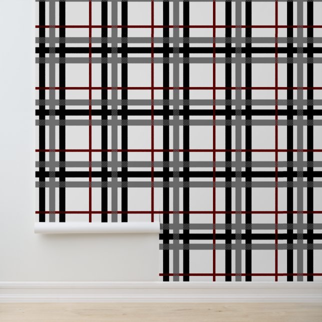 Zwart Wit en Rood Plaid Behang (Applicatie)