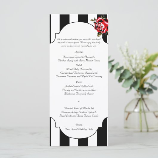 Zwart Wit en Rood Rose Bruiloft Menu (Staand voorkant)