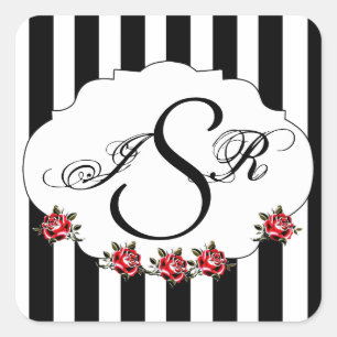 Zwart Wit en Rood Rose Bruiloft Monogram Vierkante Sticker
