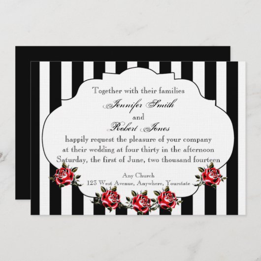Zwart Wit en Rood Rose bruiloft uitnodiging (Voorkant / Achterkant)