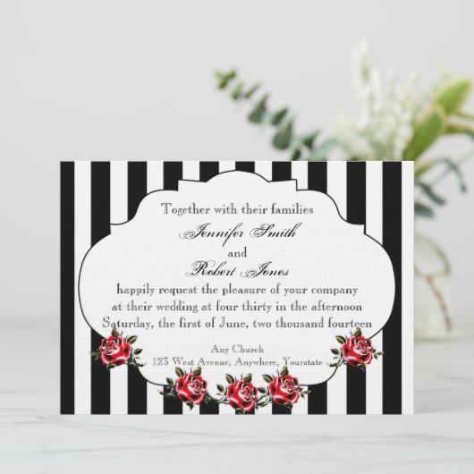Zwart Wit en Rood Rose bruiloft uitnodiging (Staand voorkant)