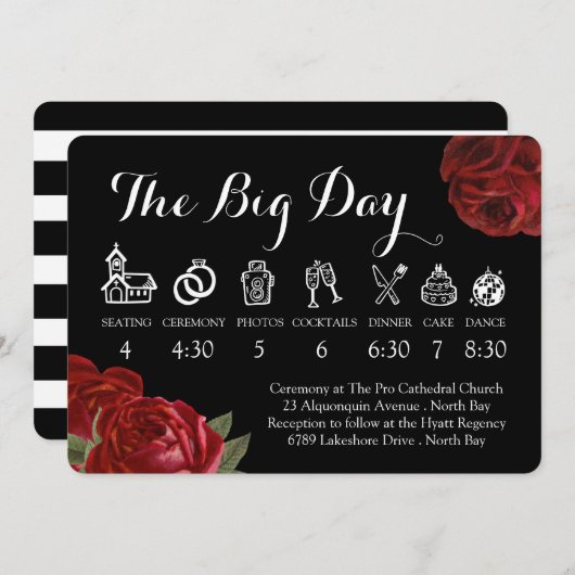 Zwart Wit en Rood Rozen Bruiloft Tijdlijn Kaart (Voorkant / Achterkant)