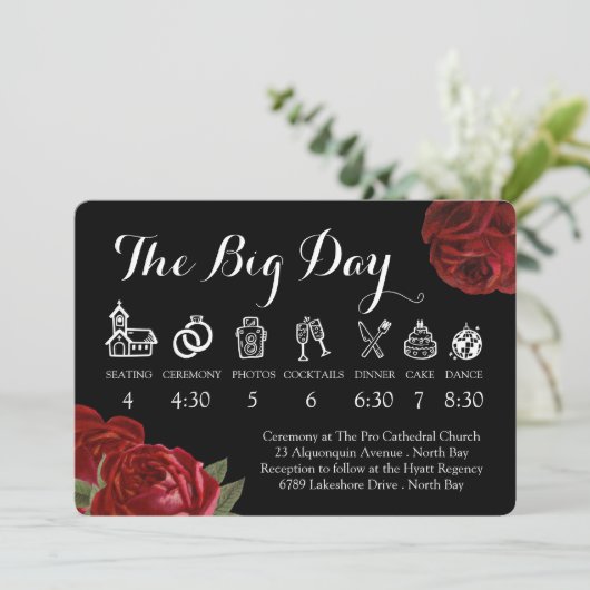 Zwart Wit en Rood Rozen Bruiloft Tijdlijn Kaart (Staand voorkant)