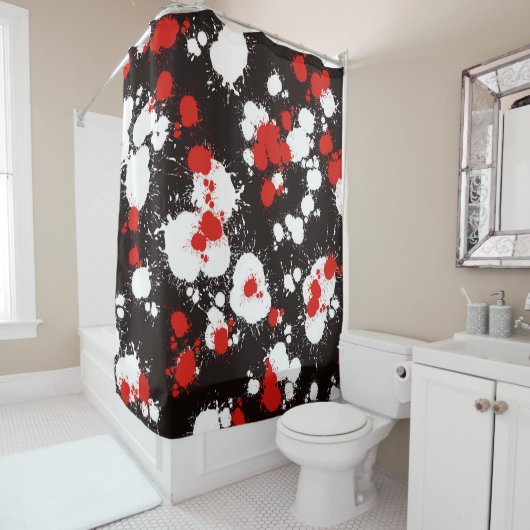 Zwart, wit en rood verf Splatter Douchegordijn (In situ)