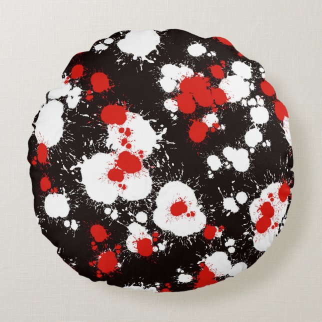 Zwart, wit en rood verf Splatter Rond Kussen (Voorkant)