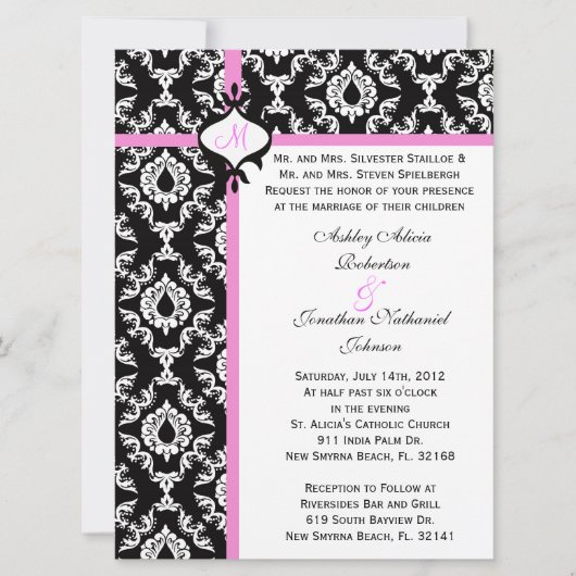 Zwart wit en roze bruiloft. kaart (Voorkant)