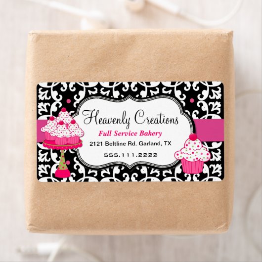 Zwart, wit en roze Damask Bakkerij Label (Insitu)