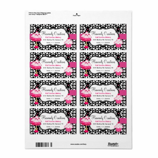 Zwart, wit en roze Damask Bakkerij Label (Full Sheet)