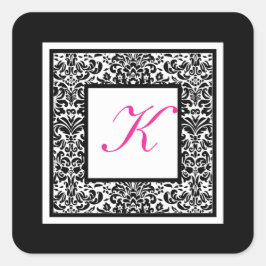 Zwart, Wit, en Roze Damast Monogram Sticker