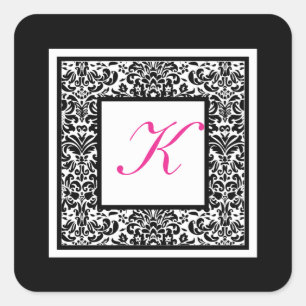 Zwart, Wit, en Roze Damast Monogram Sticker