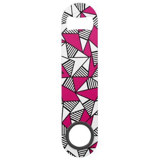 Zwart wit en roze gestreept driehoeksmonogram speed flessenopener (Achterkant)