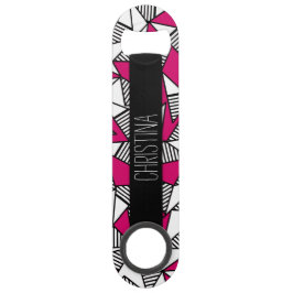 Zwart wit en roze gestreept driehoeksmonogram speed flessenopener