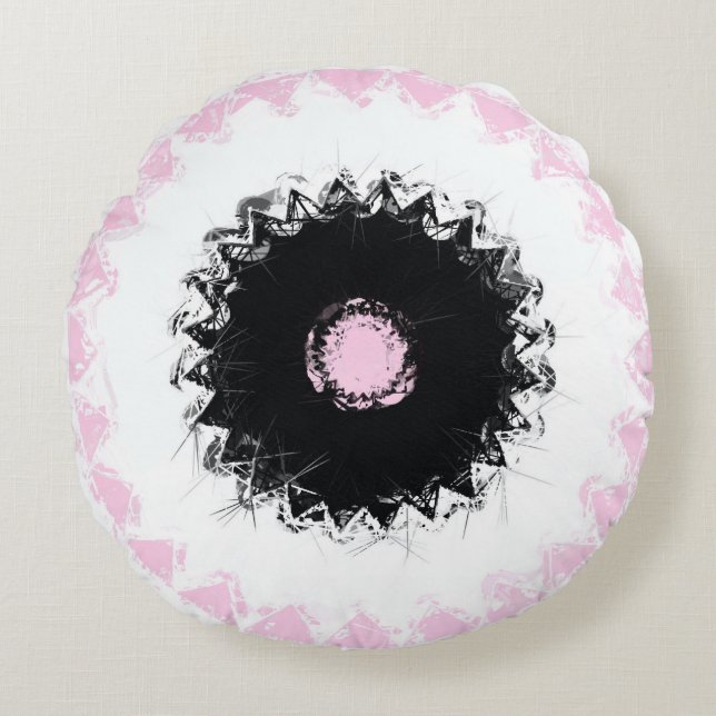Zwart, wit en roze krijt Abstract Rond Kussen (Voorkant)