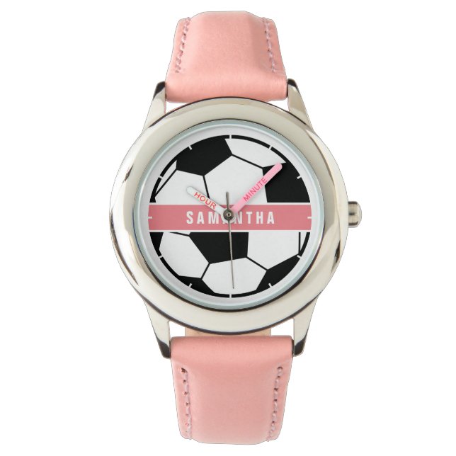 Zwart wit en roze modern sportief voetbalmonogram horloge (Voorkant)