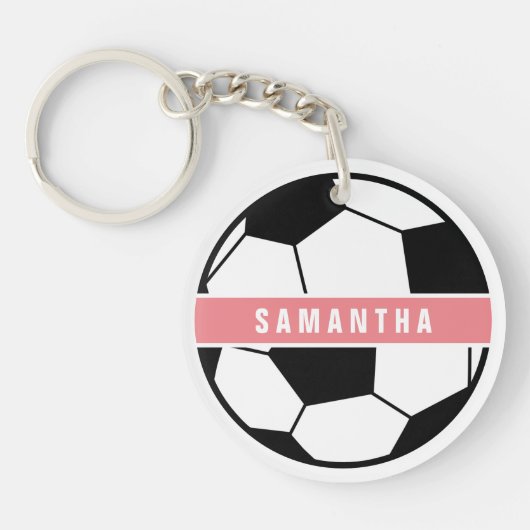 Zwart wit en roze modern sportief voetbalmonogram sleutelhanger (Voorkant)