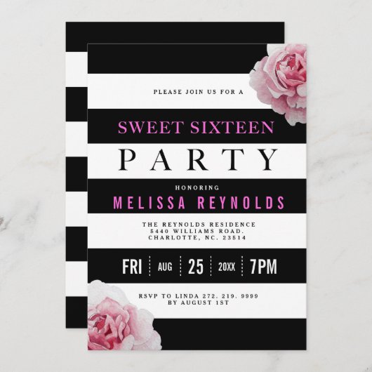 Zwart wit en roze rozen Sweet 16 Party Kaart (Voorkant / Achterkant)