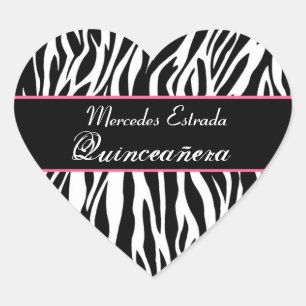 Zwart Wit en Roze Zebra Quinceanera Hart Sticker