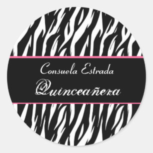 Zwart Wit en Roze Zebra Quinceanera Rond Ronde Sticker