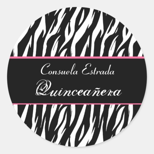 Zwart Wit en Roze Zebra Quinceanera Rond Ronde Sticker (Voorkant)