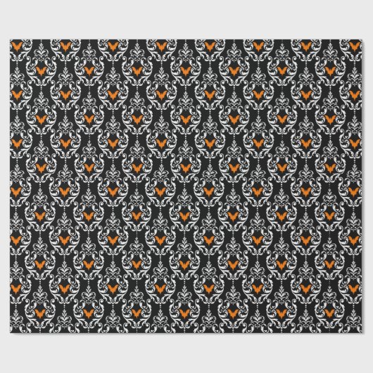 Zwart Wit en Sinaasappel Damask Halloween Bats Cadeaupapier (Vlak)
