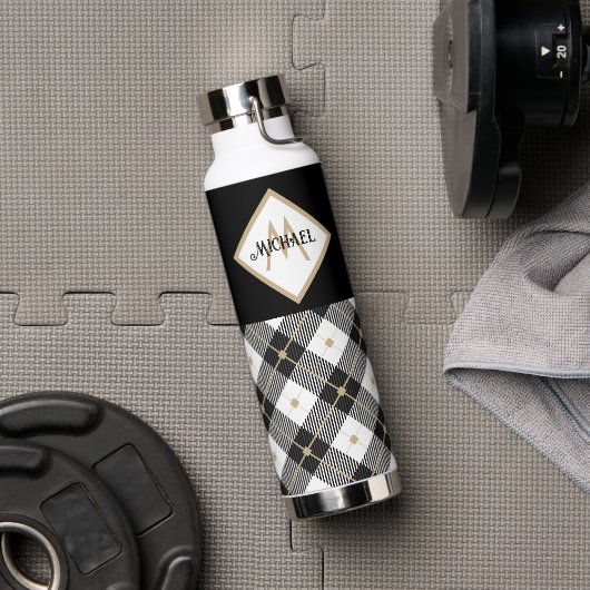 Zwart wit en Tan Lumberjack Monogrammedc Waterfles (Gym)