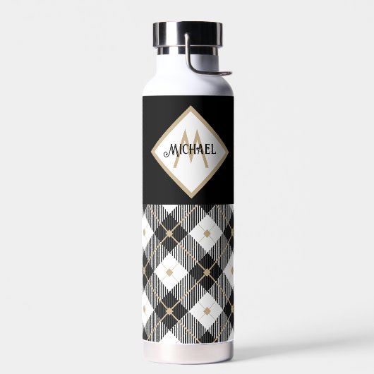 Zwart wit en Tan Lumberjack Monogrammedc Waterfles (Links)