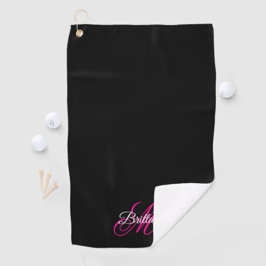 Zwart wit en warm roze Fancy Manuscript Monogramed Golfhanddoek (Insitu)