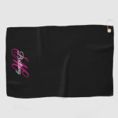 Zwart wit en warm roze Fancy Manuscript Monogramed Golfhanddoek (Horizontaal)