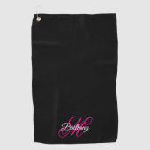 Zwart wit en warm roze Fancy Manuscript Monogramed Golfhanddoek (Voorkant)