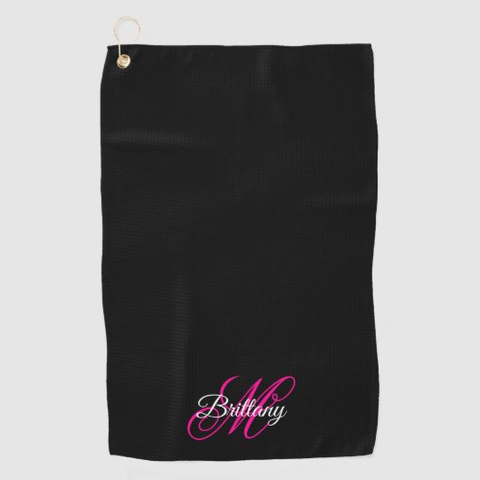 Zwart wit en warm roze Fancy Manuscript Monogramed Golfhanddoek (Voorkant)