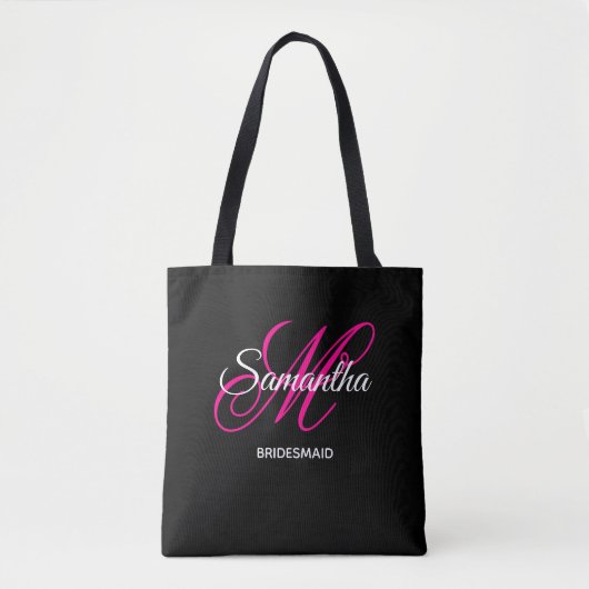 Zwart wit en warm roze Fancy Monogram Bridesmaid Tote Bag (Voorkant)