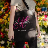 Zwart wit en warm roze Fancy Monogram Bridesmaid Tote Bag