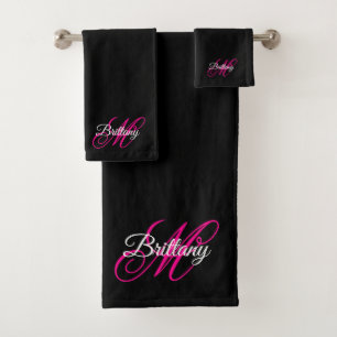 Zwart wit en warm roze Fancy Script-monogram Bad Handdoek